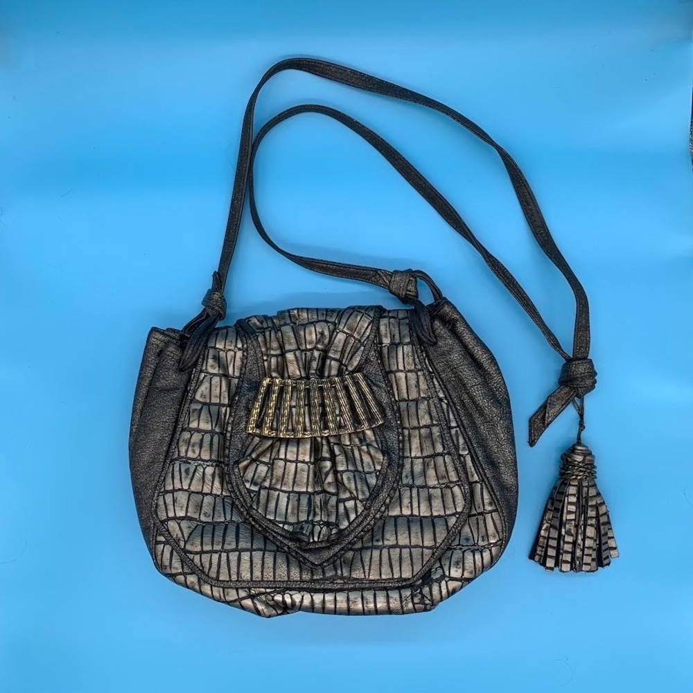 Vintage 80s Carlo Fiori Metallic Embossed Crossbody Purse Bag Preppy‎ Chic
